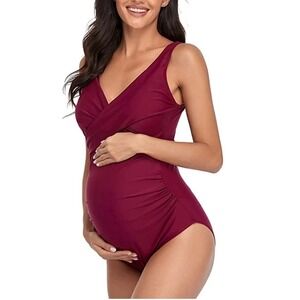 Summer Sunshine Maternity Swimwear One Piece Suit Red Ruched Twist Front V-Neck